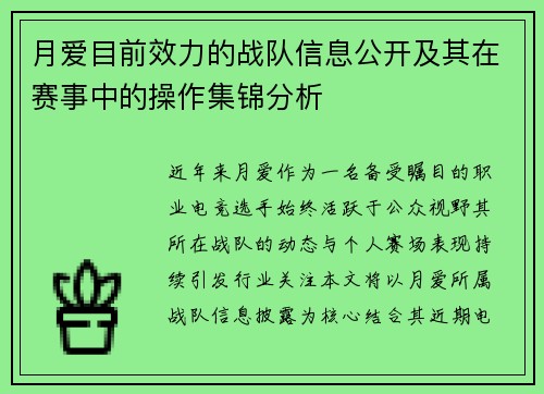 月爱目前效力的战队信息公开及其在赛事中的操作集锦分析